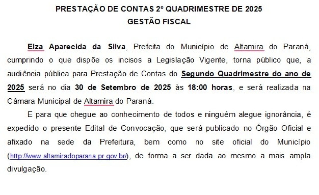 Edital de Convocação de Audiência Pública  PRESTAÇÃO DE CONTAS 2º QUADRIMESTRE DE 2025  G...