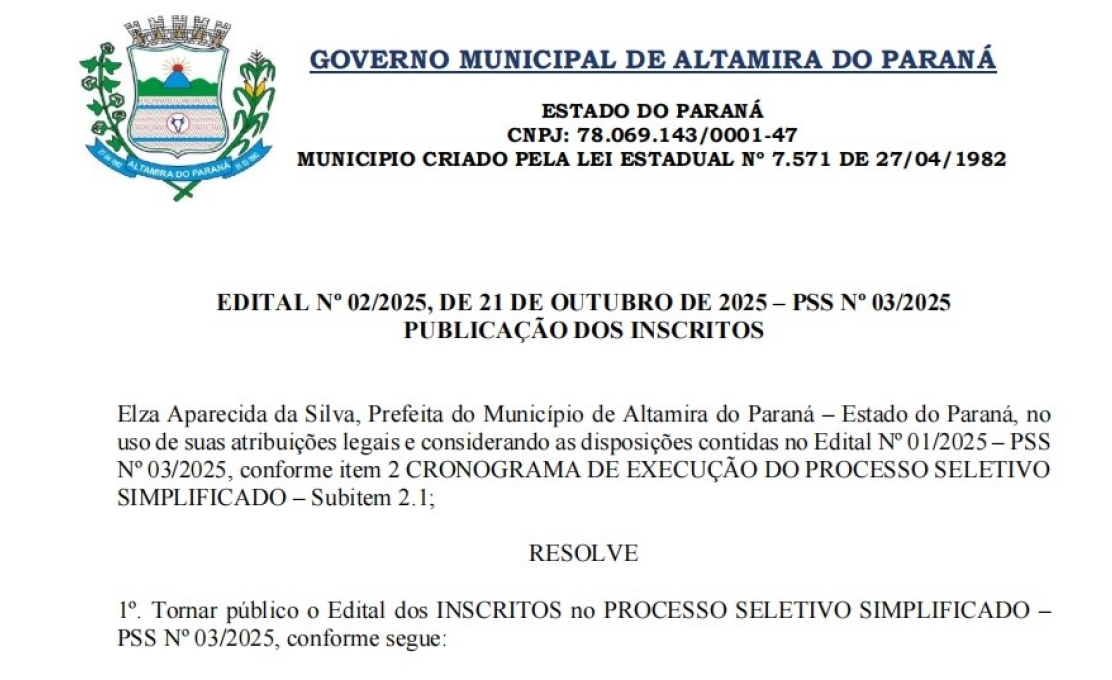 Secretaria Municipal de Recursos Humanos divulga relação de inscritos no PSS 03/2025