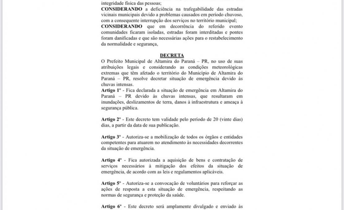 DECRETO EMERGÊNCIA NAS ÁREAS AFETADAS POR CHUVAS FORTES!