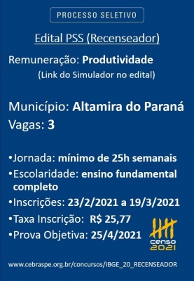 Edital do IBGE para o processo seletivo recenseador em Altamira do Paraná 
