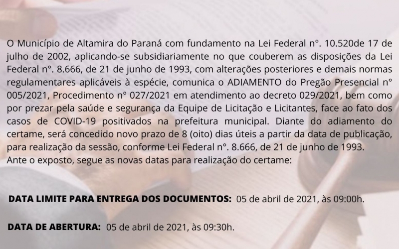 Aviso de ADIAMENTO de Licitação