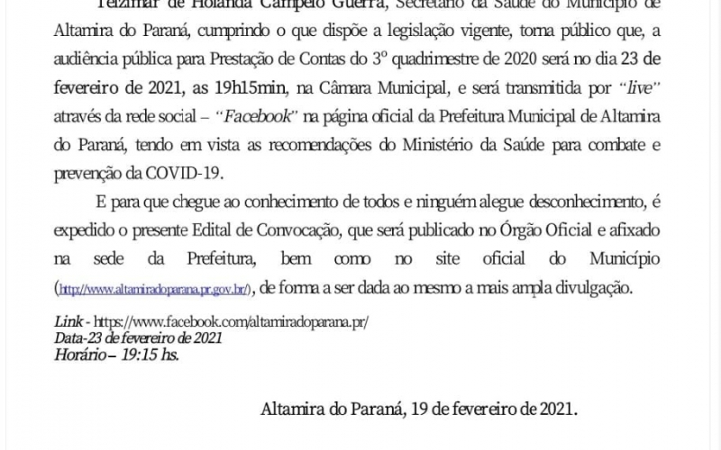 AUDIÊNCIA PÚBLICA PREST. CONTAS DA SAÚDE, REFERENTE AO 3º QUADRIMESTRE 2020.