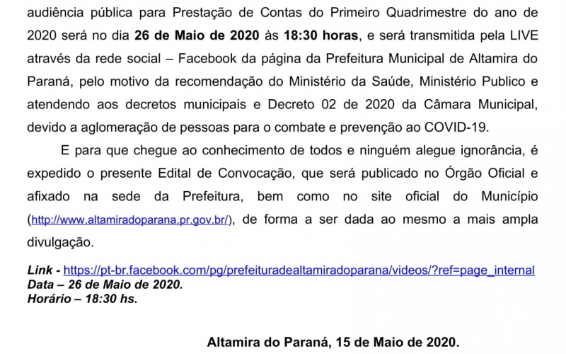  EDITAL DE CONVOCAÇÃO DE AUDIÊNCIA PÚBLICA PRESTAÇÃO DE CONTAS 1º QUADRIMESTRE DE 2020 – GESTÃO FISCAL