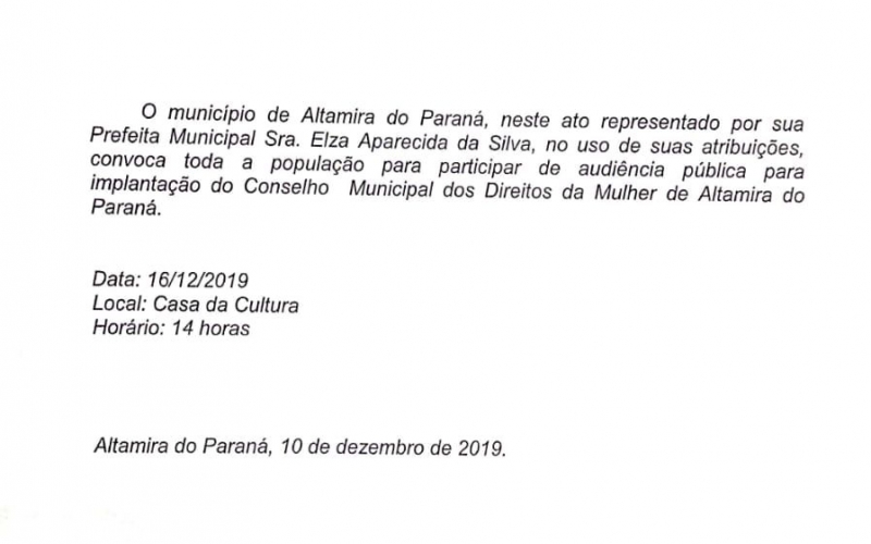 CONVOCAÇÃO DE AUDIÊNCIA PÚBLICA CONSELHO MUNICIPAL DOS DIREITOS DA MULHER