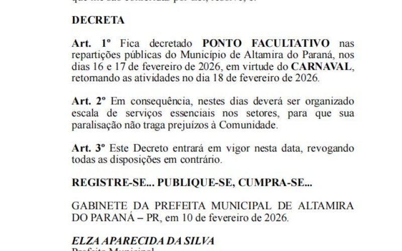 Prefeitura divulga decreto do feriado de carnaval