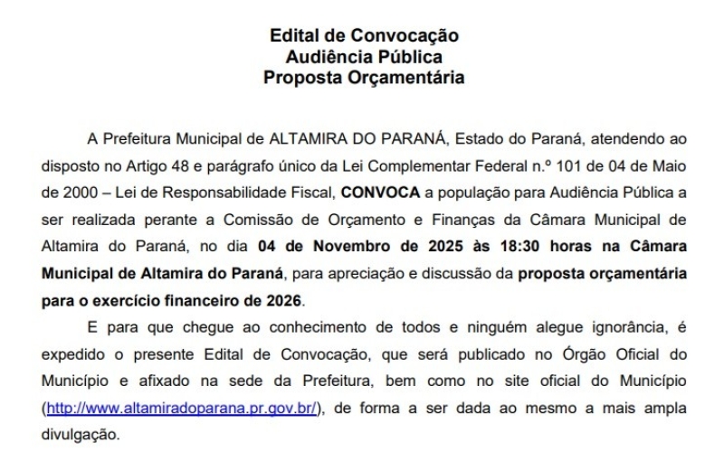 EDITAL DE CONVOCAÇÃO AUDIÊNCIA PÚBLICA  PROPOSTA ORÇAMENTÁRIA