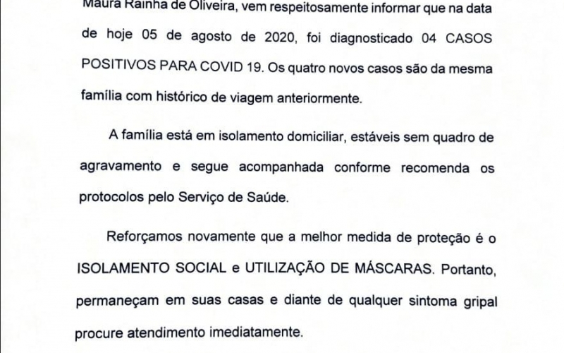 Município confirma 04 casos de Covid-19