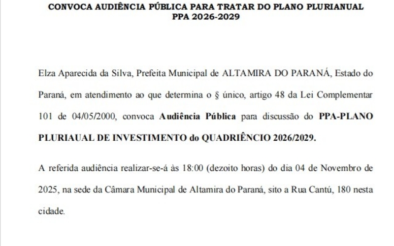 EDITAL DE CONVOCAÇÃO  AUDIÊNCIA PÚBLICA PARA TRATAR DO PLANO PLURIANUAL PPA 2026-2029