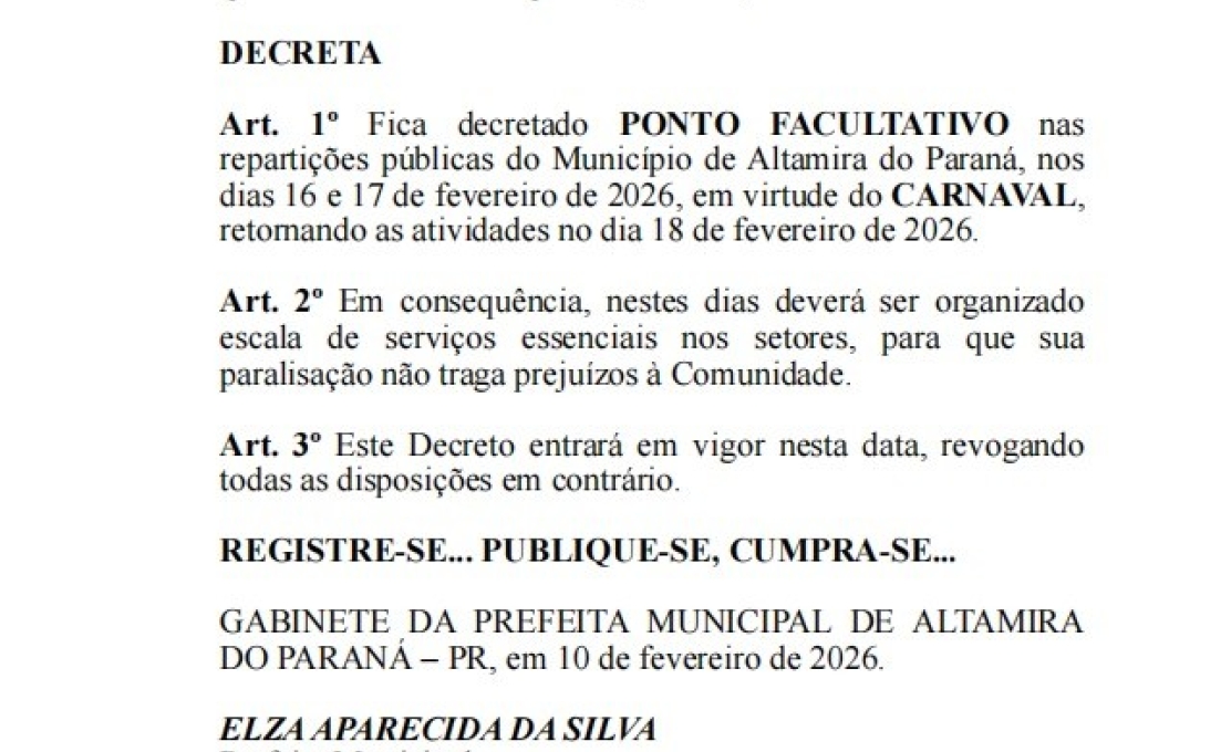 Prefeitura divulga decreto do feriado de carnaval