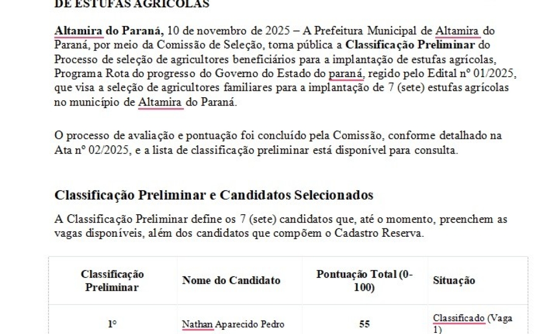 Secretaria de Agricultura divulga classificação preliminar do processo seletivo das estufas ag...